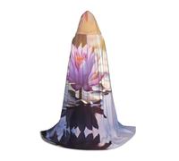 Lotus Flower Purple Print Hooded Cloak for Women Men Robes Medieval Costume Cape for Halloween Masquerade Cosplay, Black, Medium