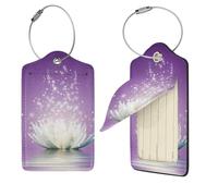 Lotus Flower Purple Print Luggage Tag Leather with Stainless Steel Loop Privacy Cover Name ID Labels for Women Men