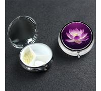 Lotus Flower Purple Round Pill Box 3 Compartment Cute Travel Pill Organizer Case Portable Medicine Vitamin Organizer Metal Pill Case for Women Men Travel Unique Gift