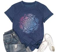 Lotus Flower Shirts for Women Vintage Mandala Graphic Print Boho T Shirt Summer Casual Short Sleeve Yoga Meditation Tee Tops, Dark Blue, M
