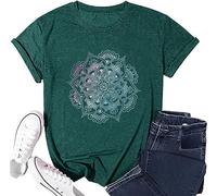 Lotus Flower Shirts for Women Vintage Mandala Graphic Print Boho T Shirt Summer Casual Short Sleeve Yoga Meditation Tee Tops, Green, XL