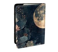 Lotus Flowers and A Big Moon Printed Passport Holder,Travel Pu Leather Passport Cover Case Organiser for Men Women,6.5 Inch