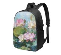 Lotus Flowers Laptop Backpack Summer Pool Travel Backpack 17inch Water Resistant Carry on Rucksack with USB Charging Port College Bookbag School Work Bag for Women Men