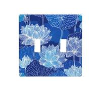 Lotus Flowers Leaves White Indigo Double Gang Toggle Light Cover Wall Plate Switch Decor Standard Size - 11.4x11.4cm