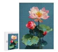 Lotus Flowers Painting on Blue Background Jigsaw Puzzle, 500 PCS, Relaxing Activity for Adults, A Thoughtful Gift Idea for Adults Who Enjoy Puzzles