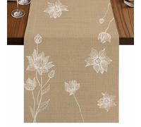 Lotus Flowers Table Runner, Abstract Flower Harmony Vintage Khaki Cotton and Table Linen Runner for Kitchen Dining Home Decor for Party Festival Holiday Decoration Gift 14x72in