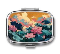 Lotus Flowers Traditional Chinese Landscape Pill Box 2 Compartment Portable Medicine Pill Case Travel Pill Organizer for Pocket Purse