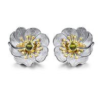 Lotus Fun Sterling Silver Earrings 18 Carat Gold Flowering Anemone Flower Stud Earrings Genuine 925 Sterling Silver Handmade Fine Jewellery Earrings for Women Gift Silver-gold-green