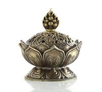 Lotus Incense Burner, Chinese Style Zinc Alloy Holder Bowl Round With a Windproof Lid Suitable for Cone/Charcoal/Roll Incense, Home Office Decoration Gift, S (Bronze)