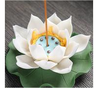 Lotus Incense Holder, White Ceramic Bloom with Leaf Tray, Aromatherapy Meditation Zen Decor, Handmade Ash Catcher for Home Office Desk Altar, Giftable