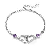 Lotus Karen Violet Heart to Heart Adjustable Women's Bracelets 925 Silver Bracelet for Women Friendship for Wedding Anniversary Birthday Christmas Mother's Day Gifts for Her