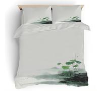 Lotus Leaf Small Double Bedding Set - Ink Painting Chinese Reversible Quilt Cover - Microfiber Washable Easy Care Duvet Cover 175 x 200 with 2 Pillowcases S2a1