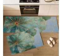 Lotus Leaves With Golden Spots Kitchen Rug Set 2 Pieces, Non-Slip and Washable Kitchen Runner Mat Oriental Ink Painting Standing Mats for Hallway Dining Room and Entryway 50x80cm+50x150cm, Blue-Green