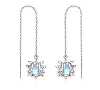 Lotus Moonstone Threader Earrings Sterling Silver Long Chain Dangle Drop Earrings Stud Lotus Flower Fun Jewelry for Women