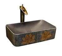 Lotus Pattern Ceramic Bathroom Vessel Sink - Rectangular Art Countertop Washbasin for Home Bathroom, Elegant Design, Easy to Clean, Modern Style
