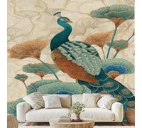 Lotus Peacock Landscape Mural Chinese Peacock Bird Self-Adhesive Wallpaper 100x70 cm Embroidery Animal Non-Woven Wall Paper for Bedroom Living Room Kitchen Wall Mural Removable Qe178D