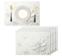 lotus Placemats Set of 4 - Durable Soft Washable Table Mats,White Cotton Linen Place Mats for Table Kitchen Dining Party