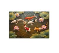 Lotus Pond Koi Fish Art Canvas Wall Art, Traditional Water Scene Hanging Paintings, Premium Poster Print for Living Room Wall Decoration 12x18inch(30x45cm)