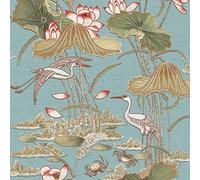 Lotus Pond Teal Wallpaper - Floral Crane Bird Lily Pads Crabs Silk Textured Paste The Wall Modern Non-Woven Vinyl