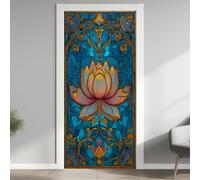 Lotus Stained Glass Door Murals, Flower Floral Door Stickers Interior Wall Mural, Gold Stripes Wallpaper Self Adhesive Vinyl Door Decals, for Living Room Bedroom Bathroom Decor, 90x200 cm
