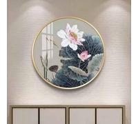Lotus Wall Art, Landscape Wall Sculpture Decoration, Chinese Wall Hanging Painting, Round Modern Bedside Wall Decor w/Aluminum Alloy Frame for Home Entrance Hallway(A,70 * 70CM)