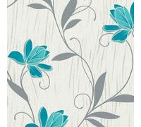 Lotus Wallpaper AS Creation Floral Textured Glitter Vinyl Grey Teal Blue White