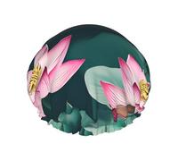 lotuses Flower and Dragonfly Print Reusable Double Layers Shower Cap, Bathing Shower Caps Women Large Shower Caps