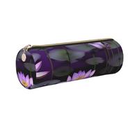 lotuses flower Purple Case Leather Pen Bag Slim Pencil Pouch Lovely Stationery Bag Portable Cosmetic Bag Zipper Organizer Bag