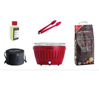LotusGrill Premium Grill Set - USB Connected, Includes Red Beech Charcoal, Fuel Paste, Tongs (Red), & Grill Bag