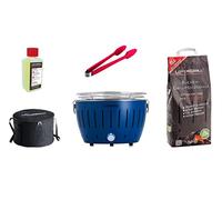LotusGrill S Small Compact Starter Set Deep Blue the Low-Smoke Charcoal Grill with 2.5 kg Beech Charcoal, 200 ml Fuel Paste, 1 x Tongs (Colour According to Stock), 1 x Bag. Power Supply USB or Power