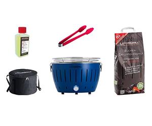 LotusGrill S Small Compact Starter Set Deep Blue the Low-Smoke Charcoal Grill with 2.5 kg Beech Charcoal, 200 ml Fuel Paste, 1 x Tongs (Colour According to Stock), 1 x Bag. Power Supply USB or Power