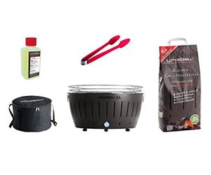 LotusGrill XL Starter Kit 1 LotusGrill XL Anthracite Grey 1 Beech Charcoal 1 kg - 1 Lighting Gel 200ml, Sausage Tongs Orange, Transportation Bag XL - Raucharme Charcoal Table Top Barbecue