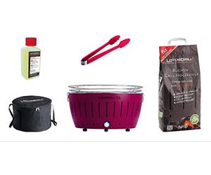 LotusGrill XL Starter Kit 1x LotusGrill Plum Purple 1X Beech Charcoal 1kg/1 Lighting Gel 200ml, 1 x Sausage Tongs Orange, 1X Carry Case XL Smoke-Free Charcoal Tabletop Grill