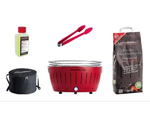 LotusGrill XL Starter Kit 1x LotusGrill XL Fire Red Beech Charcoal 1kg 1 Lighting Gel 200ml, 1 Sausage Tongs Orange, Transportation Carry Bag XL Smoke-Free Charcoal Tabletop Grill