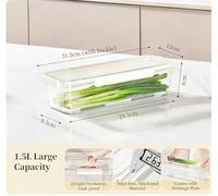 LOTUSHU 1PC Food-Grade Clear Vegetable & Herb Storage Container with Drainage Tray & Airtight Lid, Refrigerator Organiser for Cilantro, Scallions, Asparagus (1.5L or 2.25L) (1.5, litres)