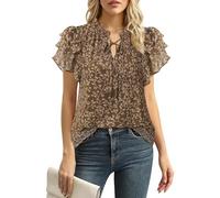 Lotusmile Summer Chiffon Dressy Casual Blouses Elegant Ruffle Short Sleeve Work Tops for Women Trendy, Floral Brown, L