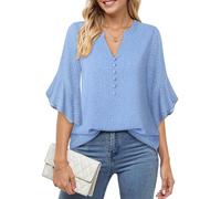 Lotusmile Womens 3/4 Sleeve Tops Dressy Business Casual Outfits V Neck Chiffon Work Blouses, Spotted Blue, M