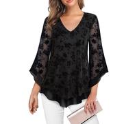 Lotusmile Womens Dressy Blouse Double Layers Mesh Shirt Ruffle 3/4 Flared Sleeve Tunic Tops, Black Velvet Floral, L