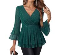 Lotusmile Women's Dressy Blouses Ruffle 3/4 Sleeve Peplum Sparkly Tops, Green Sparkle, L