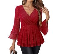 Lotusmile Women's Dressy Blouses Ruffle 3/4 Sleeve Peplum Sparkly Tops, Red Sparkle, XXL