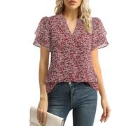 Lotusmile Womens Dressy Chiffon Blouses Summer Puff Petal Short Sleeve Shirts V Neck Casual Work Tops, Paisley Red, L