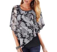 Lotusmile Women's Lightweight Flowy Shirt Double-Layered Printed Chiffon Poncho Blouse Top, A1 Black Grey, 3XL