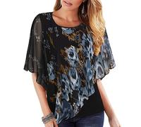 Lotusmile Women's Lightweight Flowy Shirt Double-Layered Printed Chiffon Poncho Blouse Top, Black Blue Floral, 3XL