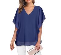 Lotusmile Women's Loose Flouncing Flutter Sleeve Double-Layered Shirt Chiffon Elegant Dressy Blouse Work Tops, Dark Blue, XL