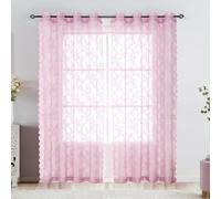Lotusolution Pink Lace Curtains for Bedroom 95" Long Vintage French Floral Embroidery Sheer Voile Curtains Rose Lace Fabric Grommet Top Window Treatment Drapes for Bedroom Living Room, 55" w 2 Panels