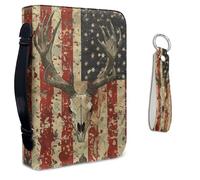 Lotusorchid American Flag Deer Bible Case with Leather Keychain for Women, Bible Cover Bible Carrying Case for Men, PU Leather Bible Holder Bag Church Bag Bible Study Supplies, Red and Blue, Size M