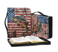 Lotusorchid Bass Fish Print Bible Cover Case, Zippered Carrying Case for Women Girls, American Flag Tote Bag, Sturdy Book Cover for Study, Christian Accessories, L