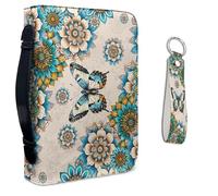 Lotusorchid Butterfly PU Leather Bible Case for Women, Mandala Flower Carrying Bag With Leather Keychain, Book Cover With Zipper Handle Accessories, Blue and Beige, Size XL