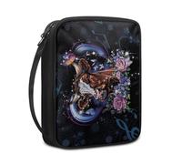 Lotusorchid Cow Bible Cover Case with Handle and Inner Pocket, Music Bible Book Cover for Bible Study, Floral Durable Bible Holder Organizer Bags Bible Accessories for Christian, Dark Blue