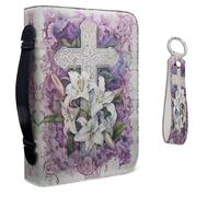 Lotusorchid Cross Lily Bible Cover & Case with Leather Keychain, Protective Bag & Holder for Church & Study, Purple & White, Size XL